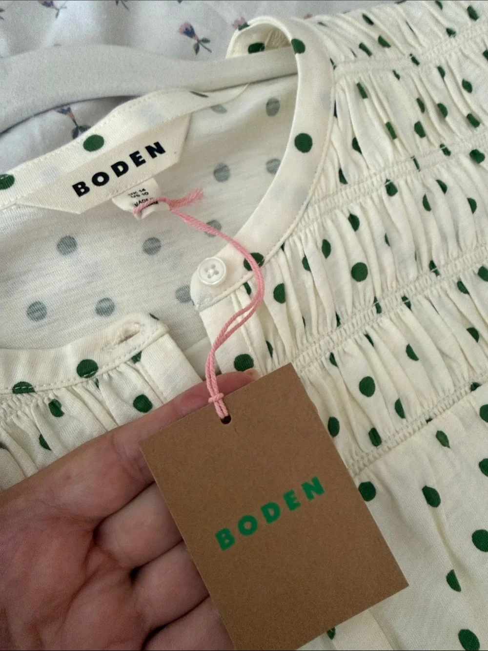 Boden White Short-Sleeve Button-Front Top with Green Polka Dots